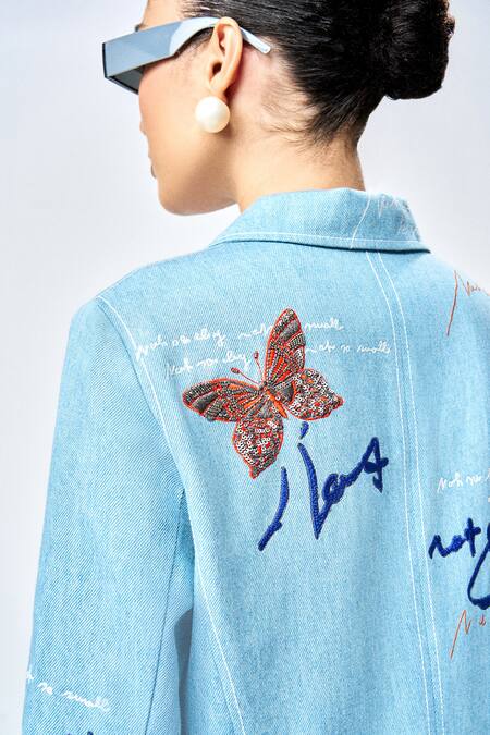 Shahin Mannan_Blue Denim Embroidery Collared Butterfly Scribble Empire Dress _at_Aza_Fashions