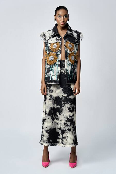 Buy_Shahin Mannan_Grey Denim Embroidery Collared Sunflower Vest With Pencil Skirt _Online_at_Aza_Fashions