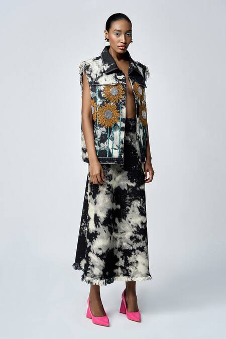 Shahin Mannan_Grey Denim Embroidery Collared Sunflower Vest With Pencil Skirt _at_Aza_Fashions