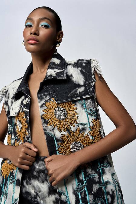 Buy_Shahin Mannan_Grey Denim Embroidery Collared Sunflower Vest With Pencil Skirt 