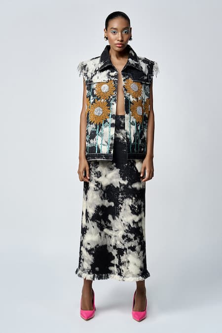 Shahin Mannan Grey Thick Denim Plain Cloud Wash Pencil Skirt 
