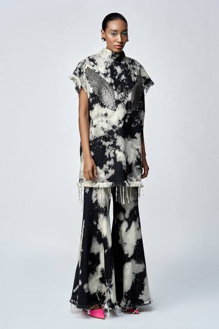 Shahin Mannan Grey Denim Cloud Wash Bell Bottom Pant at Aza Fashions Shahin Mannan_Grey Denim Cloud Wash Bell Bottom Pant _at_Aza_Fashions