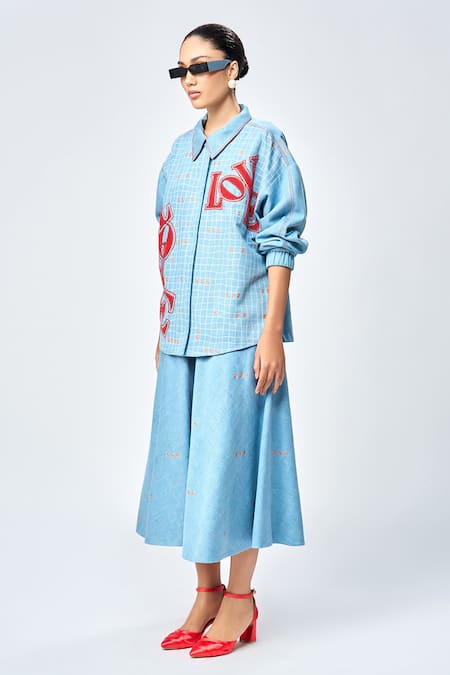 Shop_Shahin Mannan_Blue Denim Embroidery Collared Love Checkered Jacket And Skirt Set _Online_at_Aza_Fashions
