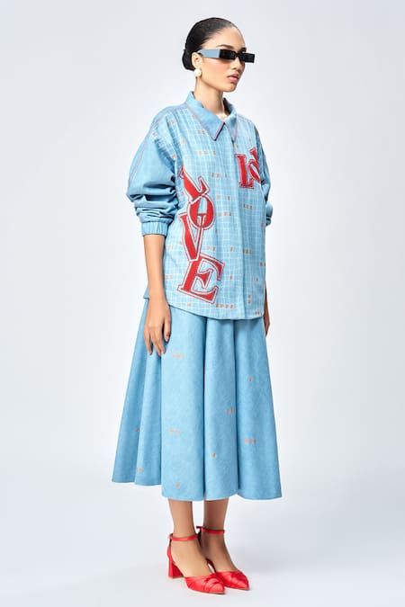 Shahin Mannan_Blue Denim Embroidery Collared Love Checkered Jacket And Skirt Set _at_Aza_Fashions