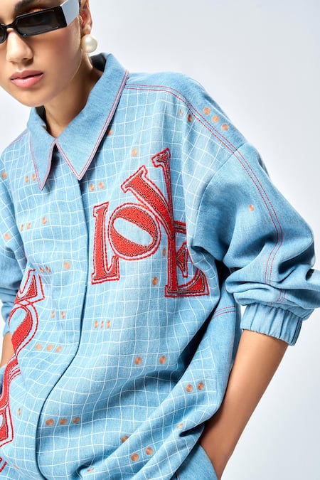 Buy_Shahin Mannan_Blue Denim Embroidery Collared Love Checkered Jacket And Skirt Set 