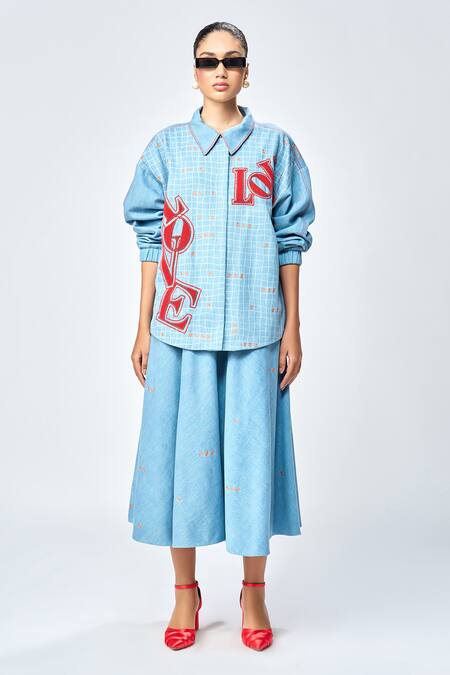 Shahin Mannan_Blue Denim Embroidery Collared Love Checkered Pattern Jacket _Online_at_Aza_Fashions