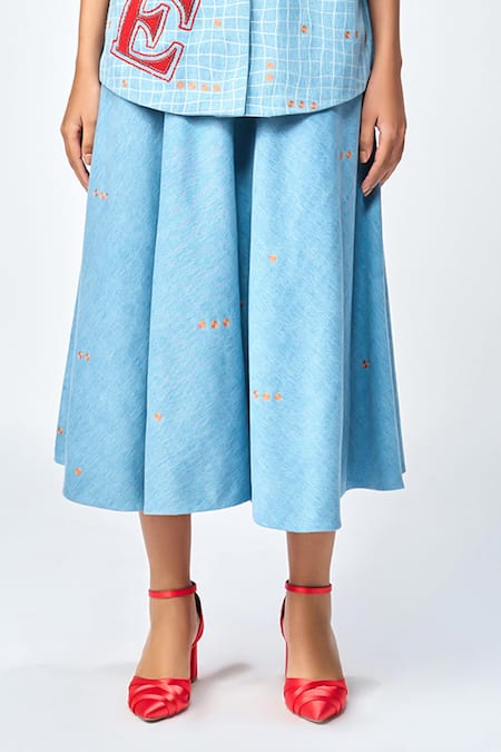 Shahin Mannan Blue Denim Embroidery Polka Dot Skirt Online at Aza Fashions Shahin Mannan_Blue Denim Embroidery Polka Dot Skirt _Online_at_Aza_Fashions