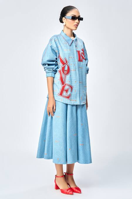 Shop Shahin Mannan Blue Denim Embroidery Polka Dot Skirt Online at Aza Fashions Shop_Shahin Mannan_Blue Denim Embroidery Polka Dot Skirt _Online_at_Aza_Fashions