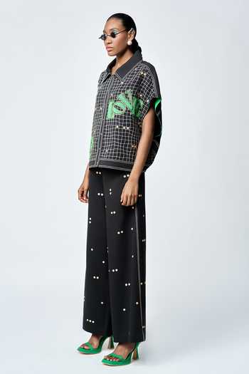 Shahin Mannan_Black Crepe Embroidery Polka Dot Flared Pant _Online_at_Aza_Fashions