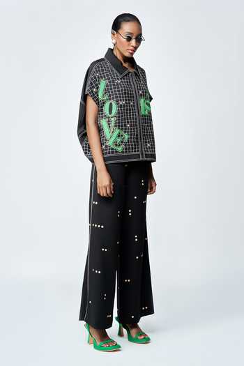 Buy_Shahin Mannan_Black Crepe Embroidery Polka Dot Flared Pant _Online_at_Aza_Fashions