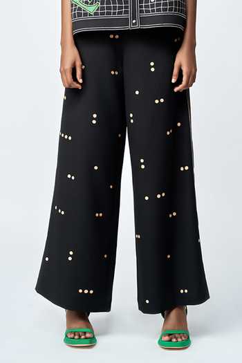 Shop_Shahin Mannan_Black Crepe Embroidery Polka Dot Flared Pant _Online_at_Aza_Fashions