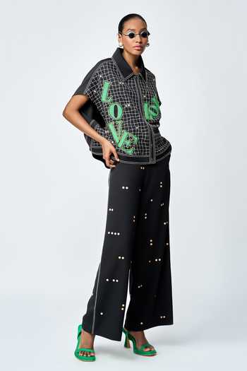 Shahin Mannan_Black Crepe Embroidery Polka Dot Flared Pant _at_Aza_Fashions