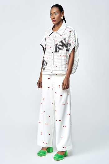 Shahin Mannan_Ivory Crepe Embroidery Collared Love Checks Shirt _Online_at_Aza_Fashions