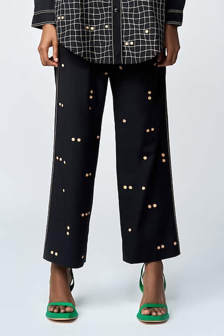 Shahin Mannan_Black Poplin Embroidery Collared Love Patchwork Shirt And Pant Set _Online_at_Aza_Fashions