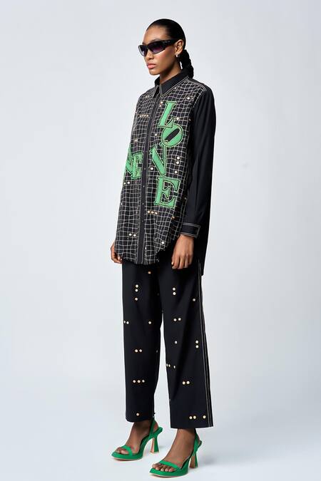 Buy_Shahin Mannan_Black Poplin Embroidery Collared Love Patchwork Shirt And Pant Set _Online_at_Aza_Fashions