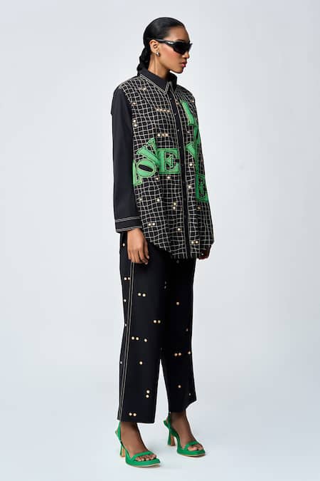 Shop_Shahin Mannan_Black Poplin Embroidery Collared Love Patchwork Shirt And Pant Set _Online_at_Aza_Fashions