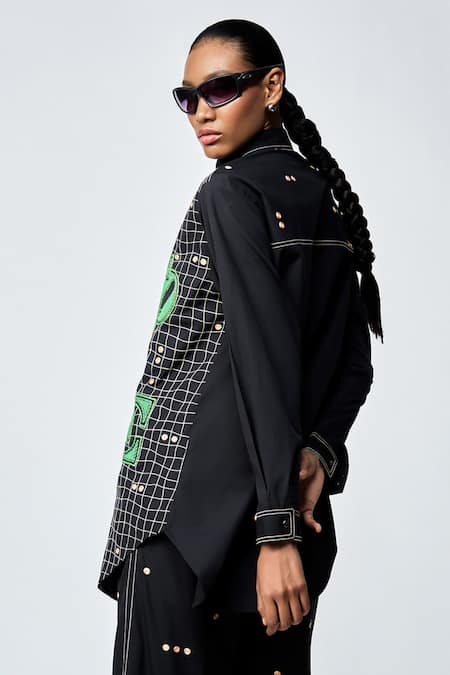 Shahin Mannan_Black Poplin Embroidery Collared Love Patchwork Shirt And Pant Set _at_Aza_Fashions