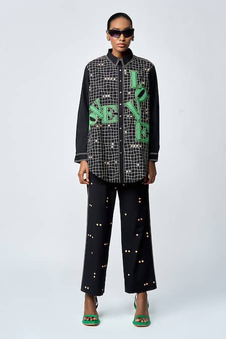 Shahin Mannan_Black Poplin Embroidery Collared Love Patchwork Baggy Shirt _Online_at_Aza_Fashions