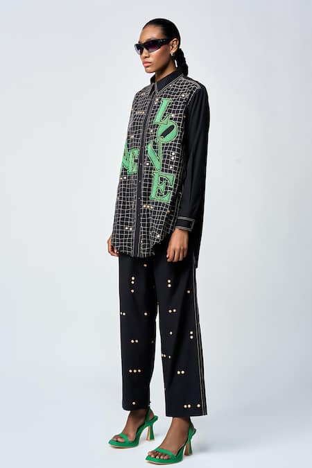 Buy_Shahin Mannan_Black Poplin Embroidery Collared Love Patchwork Baggy Shirt _Online_at_Aza_Fashions