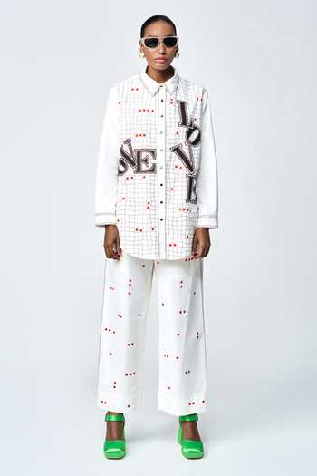Shahin Mannan_Ivory Poplin Embroidery Collared Love Checks Shirt And Pant Set _Online_at_Aza_Fashions