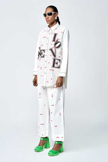 Buy_Shahin Mannan_Ivory Poplin Embroidery Collared Love Checks Shirt And Pant Set _Online_at_Aza_Fashions