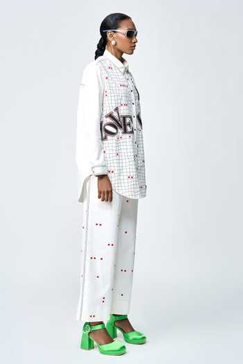 Shop_Shahin Mannan_Ivory Poplin Embroidery Collared Love Checks Shirt And Pant Set _Online_at_Aza_Fashions