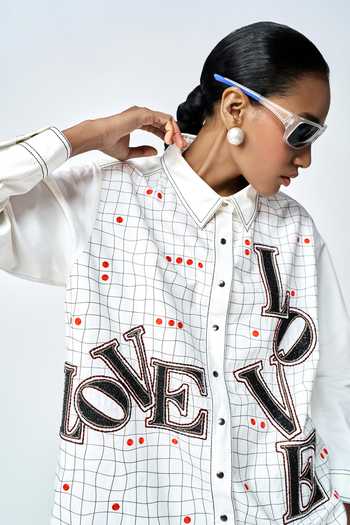Buy_Shahin Mannan_Ivory Poplin Embroidery Collared Love Checks Shirt And Pant Set 