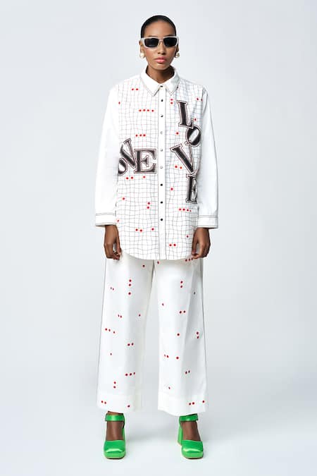 Shahin Mannan Ivory Poplin Embroidery Collared Love Checks Shirt Online at Aza Fashions Shahin Mannan_Ivory Poplin Embroidery Collared Love Checks Shirt _Online_at_Aza_Fashions