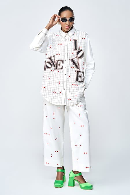 Shahin Mannan Ivory Poplin Embroidery Collared Love Checks Shirt at Aza Fashions Shahin Mannan_Ivory Poplin Embroidery Collared Love Checks Shirt _at_Aza_Fashions