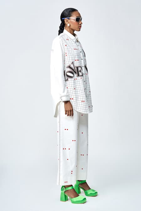 Shahin Mannan Ivory Poplin Embroidery Polka Dot Straight Pant at Aza Fashions Shahin Mannan_Ivory Poplin Embroidery Polka Dot Straight Pant _at_Aza_Fashions