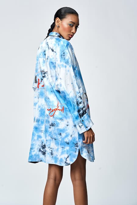 Shahin Mannan Butterfly Scribble Embroidered Shirt Dress 