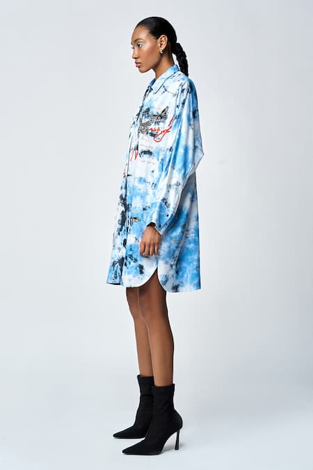 Buy_Shahin Mannan_Blue Silk Satin Beads Collared Butterfly Scribble Embroidered Shirt Dress _Online_at_Aza_Fashions