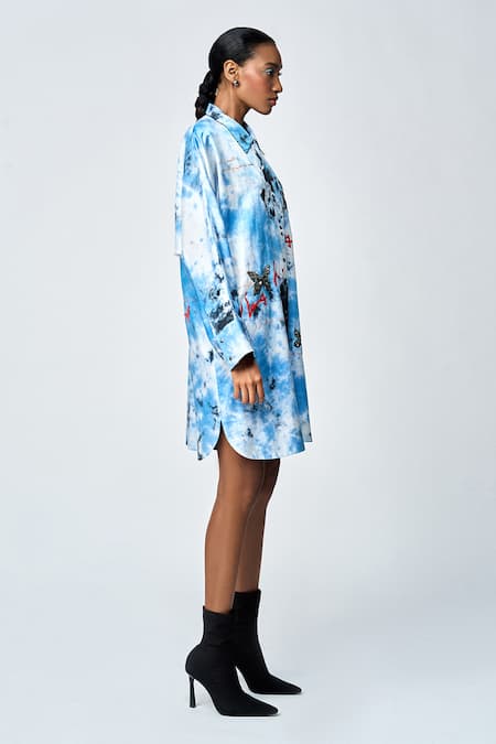 Shop_Shahin Mannan_Blue Silk Satin Beads Collared Butterfly Scribble Embroidered Shirt Dress _Online_at_Aza_Fashions