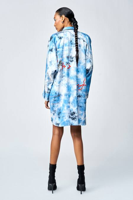 Shahin Mannan_Blue Silk Satin Beads Collared Butterfly Scribble Embroidered Shirt Dress _at_Aza_Fashions