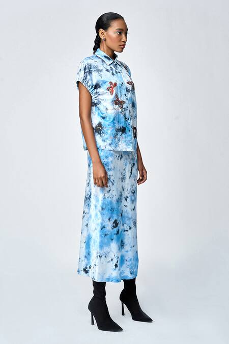 Shop_Shahin Mannan_Blue Silk Satin Beads, Embroidery Butterfly Scribble Top And Pencil Skirt Set _Online_at_Aza_Fashions
