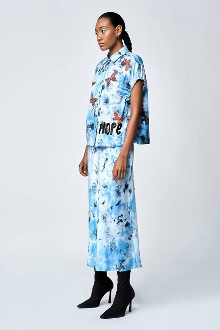 Shahin Mannan_Blue Silk Satin Embroidery Collared Butterfly Scribble Top _Online_at_Aza_Fashions