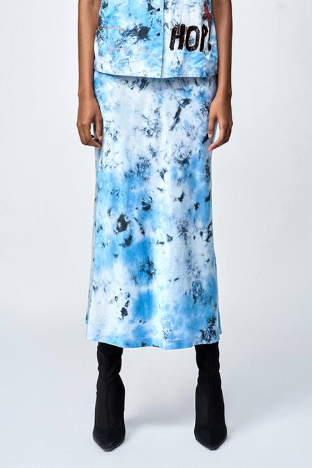 Shahin Mannan_Blue Silk Satin Abstract Pattern Pencil Skirt _Online_at_Aza_Fashions