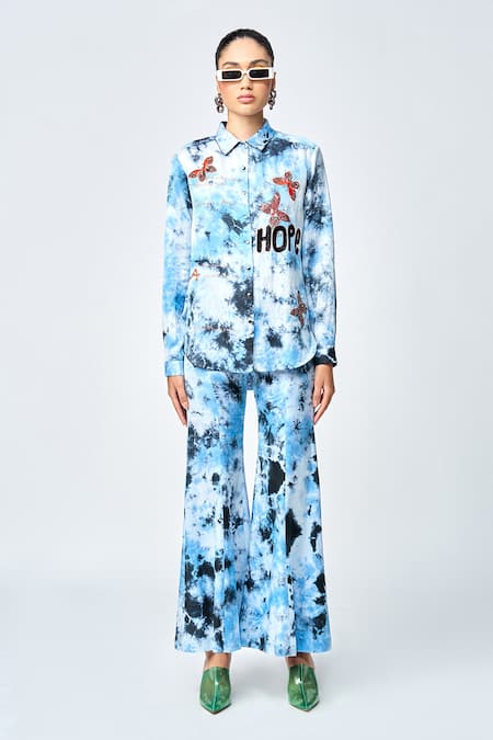 Shahin Mannan Butterfly Scribble Embroidered Shirt & Bell Bottom Pant Set 