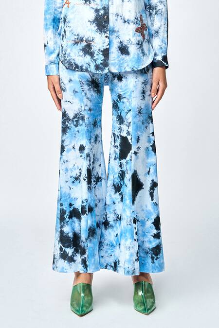 Shahin Mannan_Blue Silk Satin Embroidery Butterfly Scribble Shirt And Bell Bottom Pant Set _Online_at_Aza_Fashions