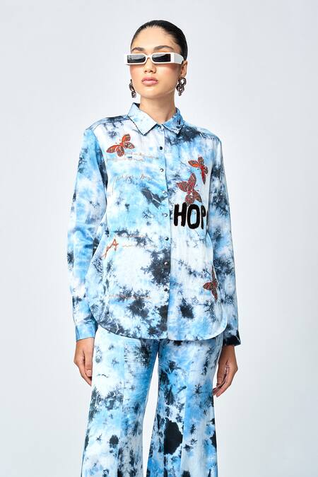 Shahin Mannan_Blue Silk Satin Embroidery Butterfly Scribble Shirt And Bell Bottom Pant Set _at_Aza_Fashions