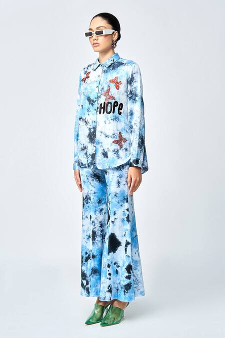 Buy_Shahin Mannan_Blue Silk Satin Embroidery, Beads Collared Butterfly Scribble Shirt _Online_at_Aza_Fashions