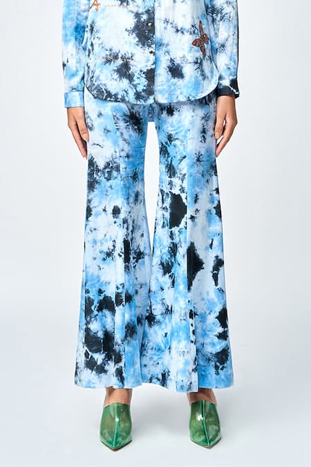 Shahin Mannan_Blue Silk Satin Abstract Print Bell Bottom Pant _Online_at_Aza_Fashions