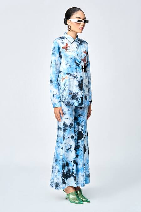 Shop_Shahin Mannan_Blue Silk Satin Abstract Print Bell Bottom Pant _Online_at_Aza_Fashions