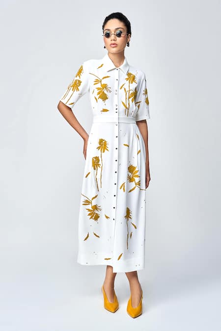 Shahin Mannan Ivory Japanese Crepe Embroidered Bead Collared Dainty Leaves Side Pleated Dress 