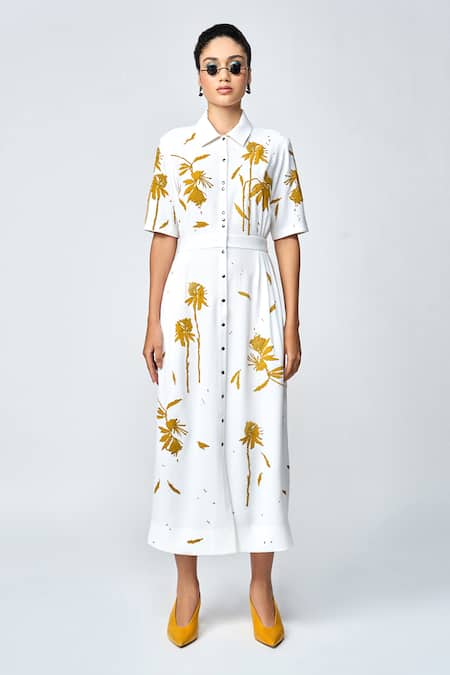 Shahin Mannan_Ivory Crepe Beads, Applique Collared Dainty Leaves Side Pleated Dress _Online_at_Aza_Fashions