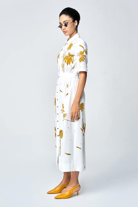 Buy_Shahin Mannan_Ivory Crepe Beads, Applique Collared Dainty Leaves Side Pleated Dress _Online_at_Aza_Fashions