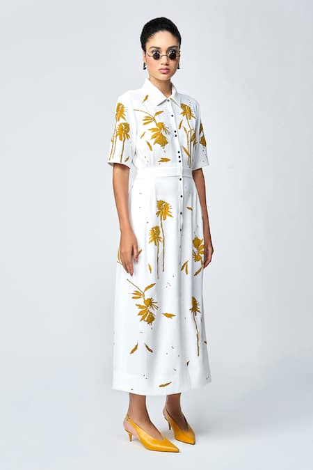 Shop_Shahin Mannan_Ivory Crepe Beads, Applique Collared Dainty Leaves Side Pleated Dress _Online_at_Aza_Fashions