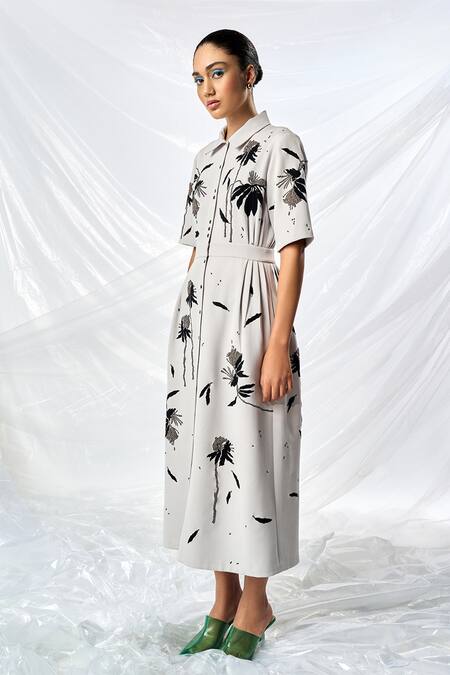 Shahin Mannan_Grey Crepe Beads, Applique Collared Dainty Leaves Dress _Online_at_Aza_Fashions