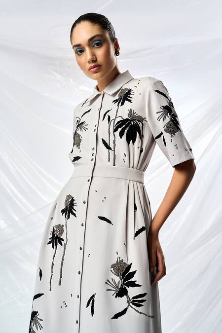 Shop_Shahin Mannan_Grey Crepe Beads, Applique Collared Dainty Leaves Dress _Online_at_Aza_Fashions