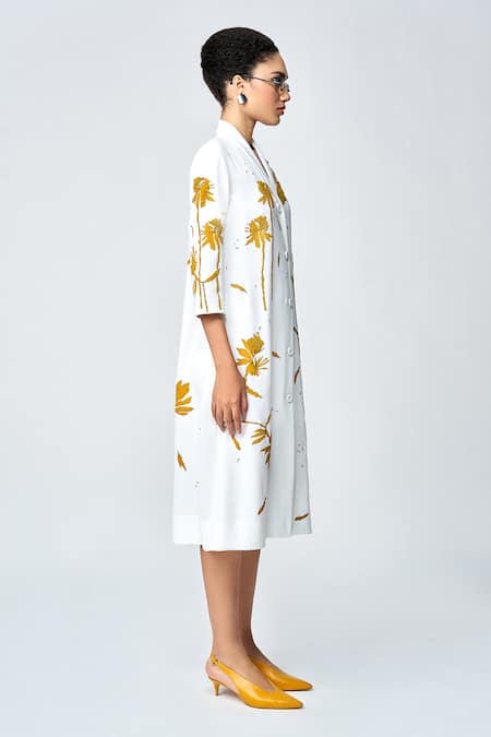 Buy_Shahin Mannan_Ivory Crepe Beads, Applique Shawl Neck Dainty Leaves Straight Dress _Online_at_Aza_Fashions